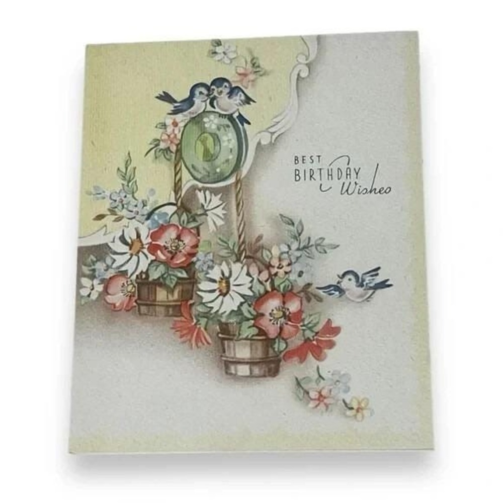 Best Birthday Wishes Birds Flowers Vintage Greeting Card c1950 DBX